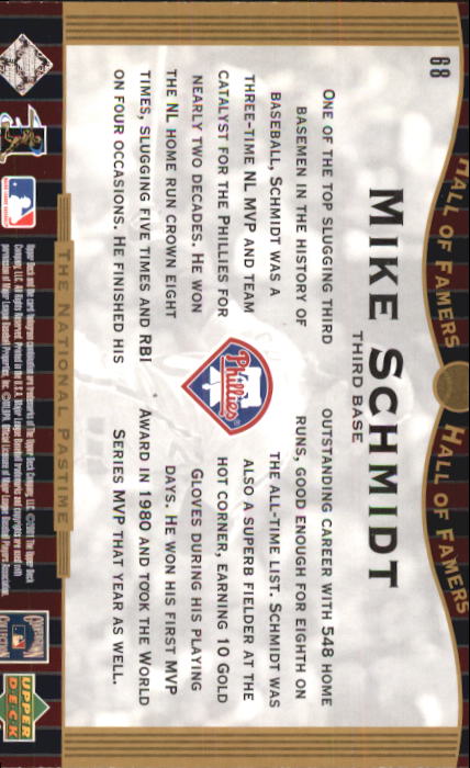 2001 Upper Deck Hall of Famers #68 Mike Schmidt NP back image