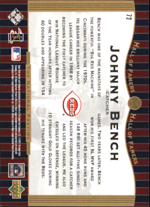 2001 Upper Deck Hall of Famers #72 Johnny Bench NP back image