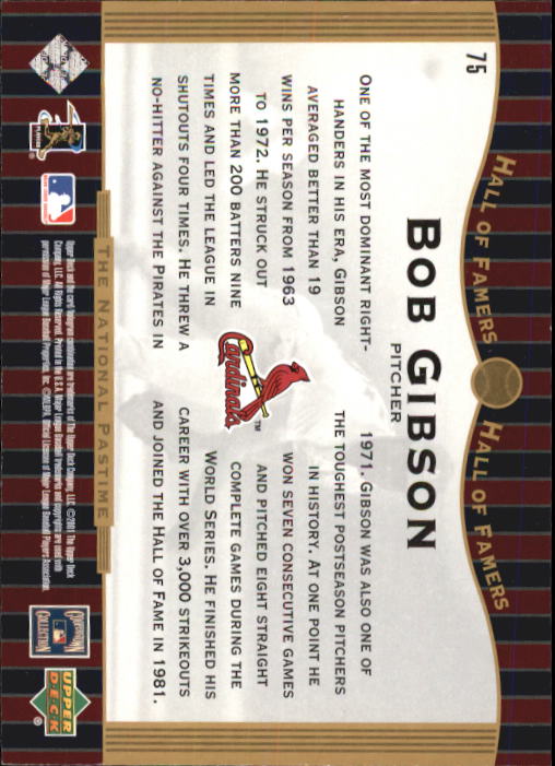 2001 Upper Deck Hall of Famers #75 Bob Gibson NP back image