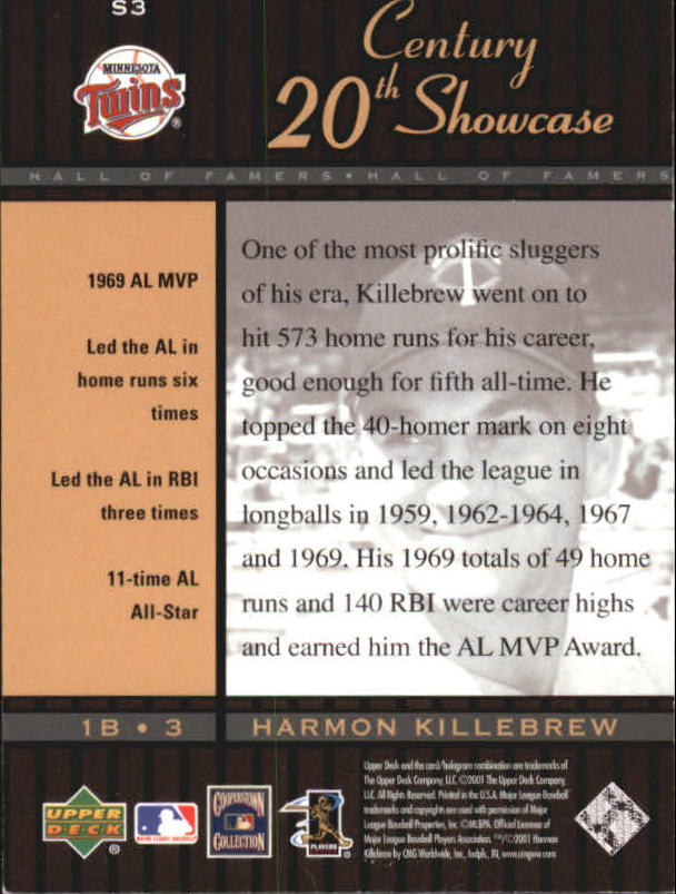 2001 Upper Deck Hall of Famers 20th Century Showcase #S3 Harmon Killebrew back image