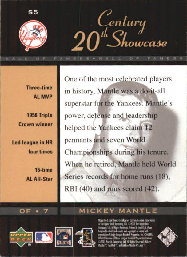 2001 Upper Deck Hall of Famers 20th Century Showcase #S5 Mickey Mantle back image