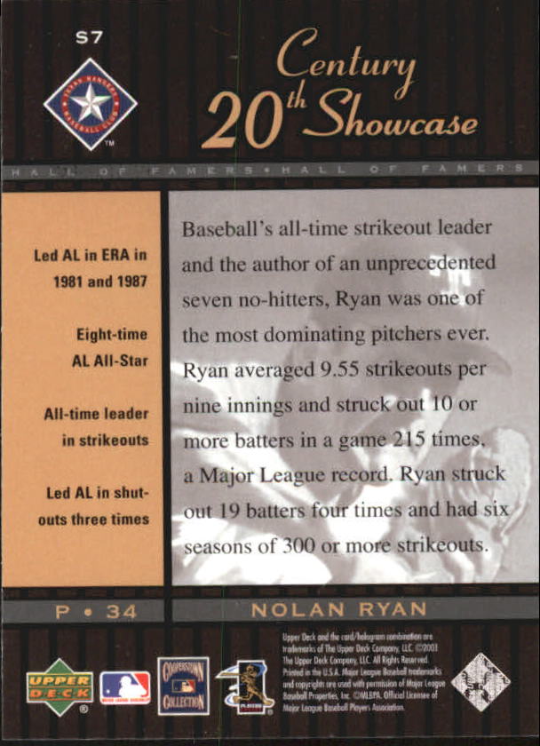 2001 Upper Deck Hall of Famers 20th Century Showcase #S7 Nolan Ryan back image