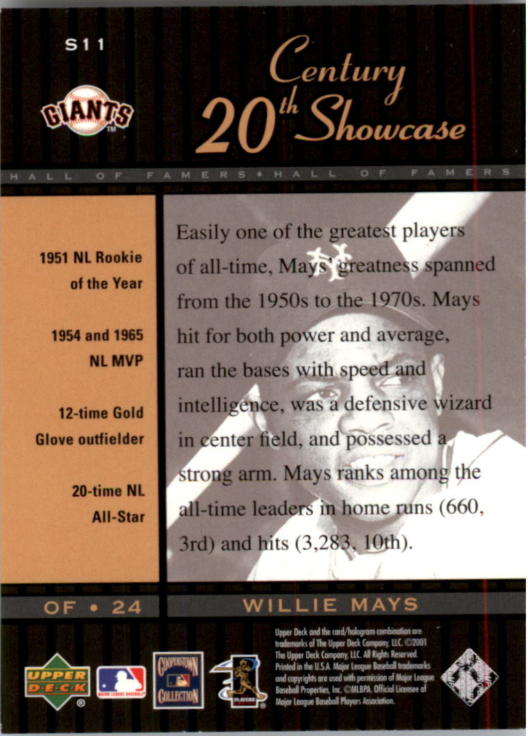 2001 Upper Deck Hall of Famers 20th Century Showcase #S11 Willie Mays back image