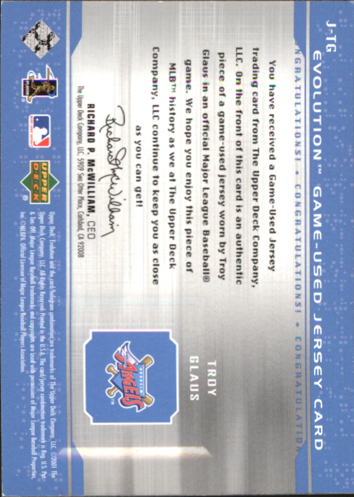 2001 Upper Deck Evolution Game Jersey #JTG Troy Glaus back image