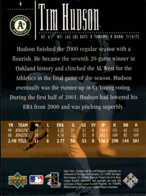 2001 Upper Deck Evolution #4 Tim Hudson back image