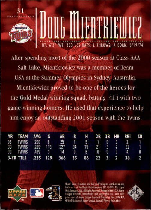 2001 Upper Deck Evolution #31 Doug Mientkiewicz back image