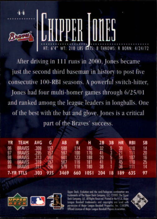 2001 Upper Deck Evolution #44 Chipper Jones back image