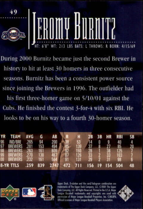 2001 Upper Deck Evolution #49 Jeromy Burnitz back image