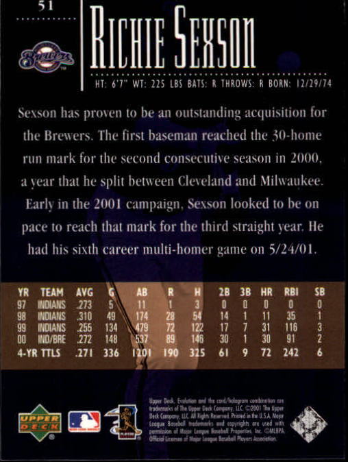 2001 Upper Deck Evolution #51 Richie Sexson back image