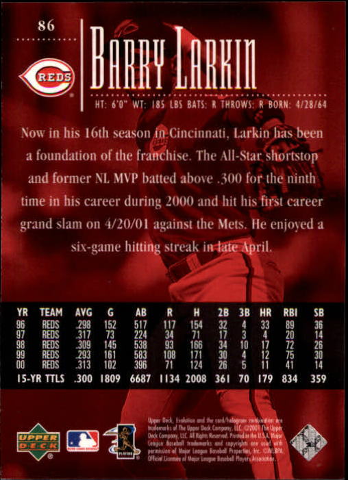 2001 Upper Deck Evolution #86 Barry Larkin back image
