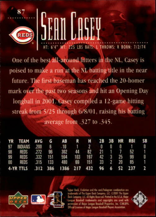 2001 Upper Deck Evolution #87 Sean Casey back image