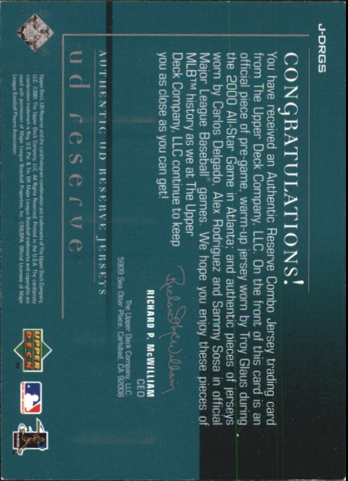 2001 UD Reserve Game Jersey Quads #RGS Carlos Delgado/Alex Rodriguez/Troy Glaus/Sammy Sosa back image