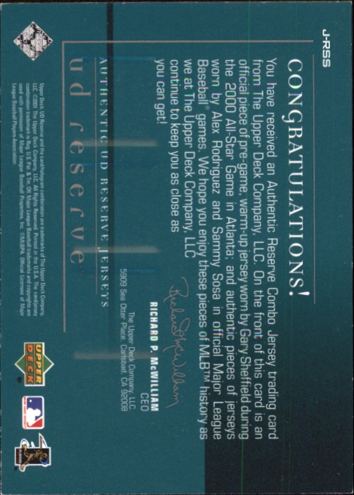 2001 UD Reserve Game Jersey Trios #JRSS Alex Rodriguez/Sammy Sosa/Gary Sheffield back image
