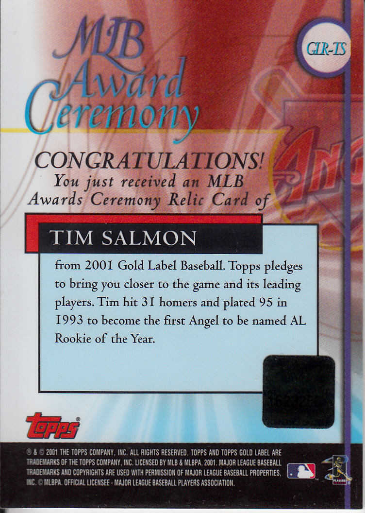 2001 Topps Gold Label MLB Award Ceremony Relics #TS Tim Salmon ROY Jsy back image