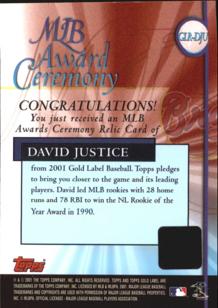 2001 Topps Gold Label MLB Award Ceremony Relics #DJU David Justice ROY Jsy back image