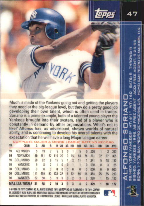 2001 Topps HD #47 Alfonso Soriano back image