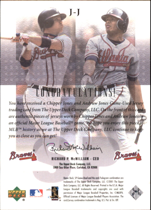 2001 SP Game Used Edition Authentic Fabric Duos #JJ Chipper Jones/Andruw Jones back image