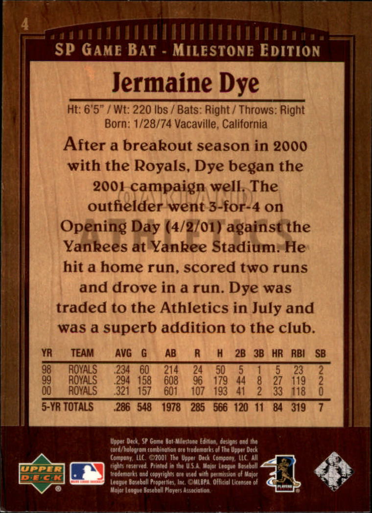 2001 SP Game Bat Milestone #4 Jermaine Dye back image