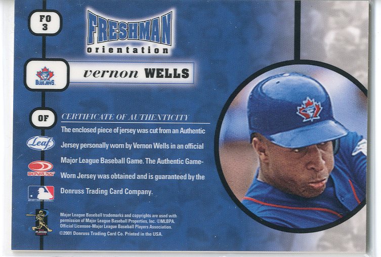 2001 Leaf Rookies and Stars Freshman Orientation #FO3 Vernon Wells Jsy back image