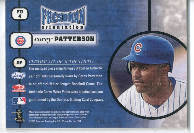 2001 Leaf Rookies and Stars Freshman Orientation Autographs #FO4 Corey Patterson Pants SP back image