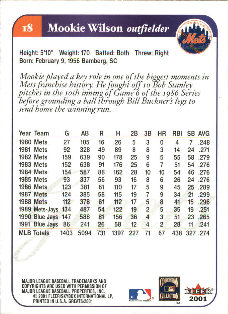2001 Greats of the Game #18 Mookie Wilson back image