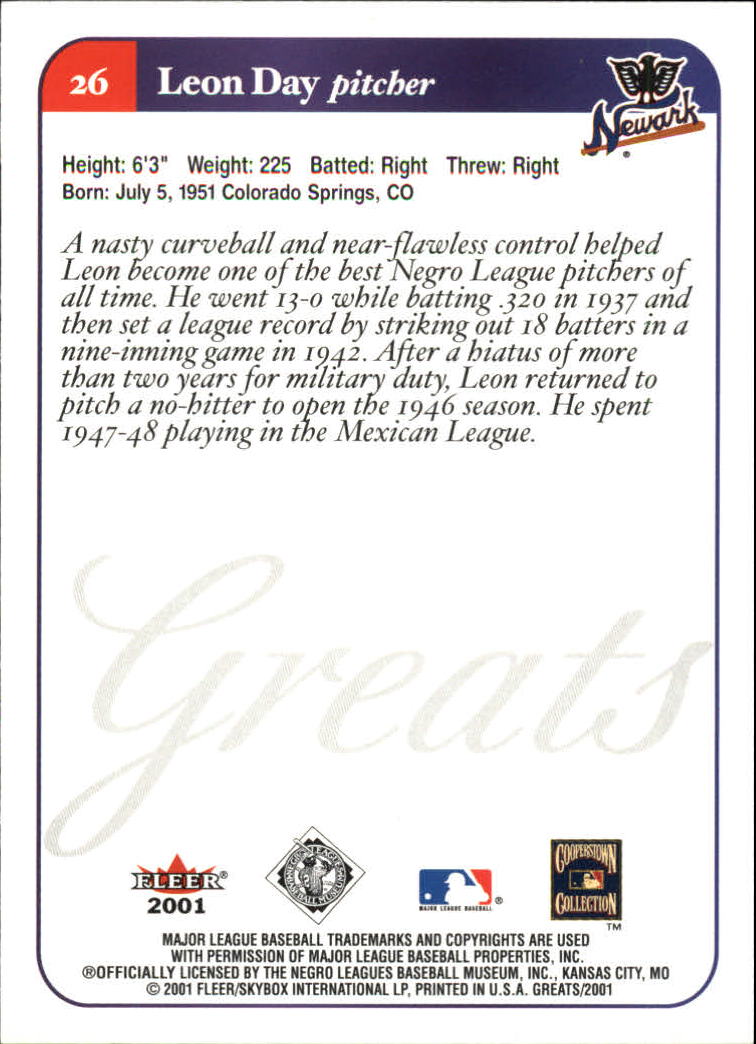 2001 Greats of the Game #26 Leon Day back image