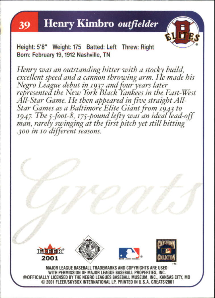 2001 Greats of the Game #39 Henry Kimbro back image