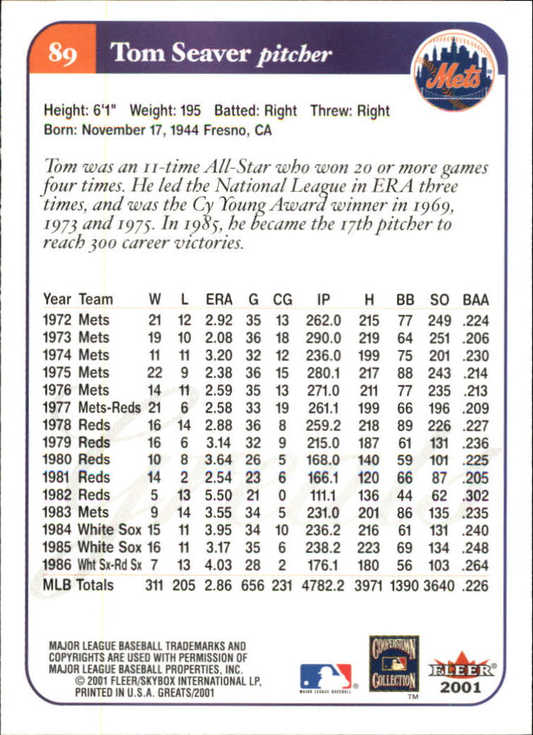 2001 Greats of the Game #89 Tom Seaver back image