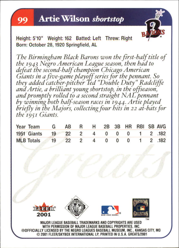 2001 Greats of the Game #99 Artie Wilson back image