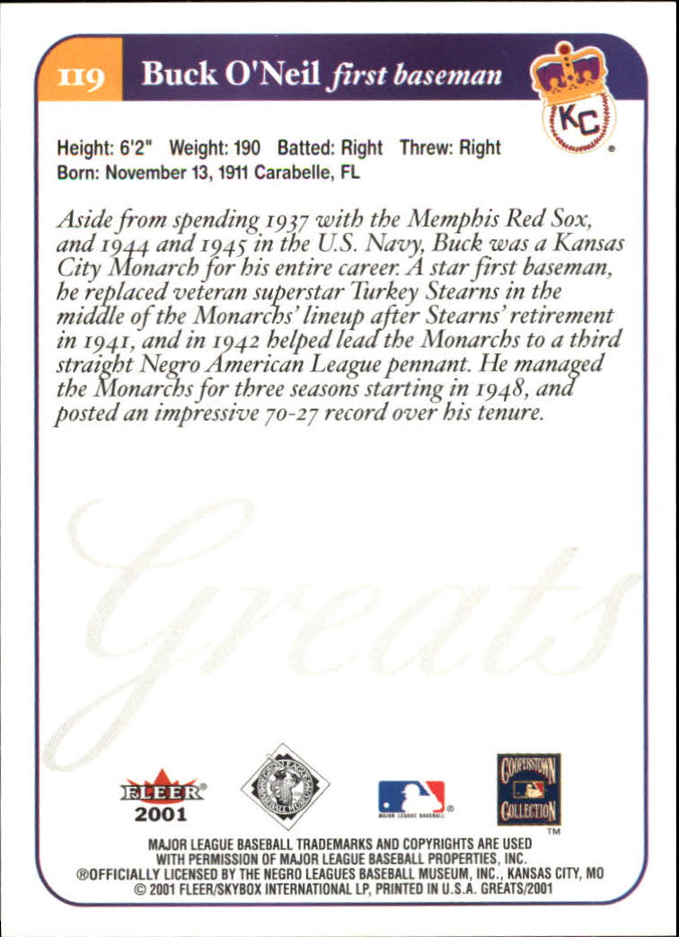 2001 Greats of the Game #119 Buck O'Neil back image