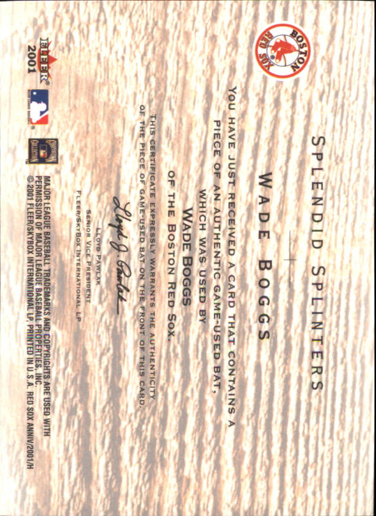 2001 Fleer Red Sox 100th Splendid Splinters Game Bat #1 Wade Boggs back image