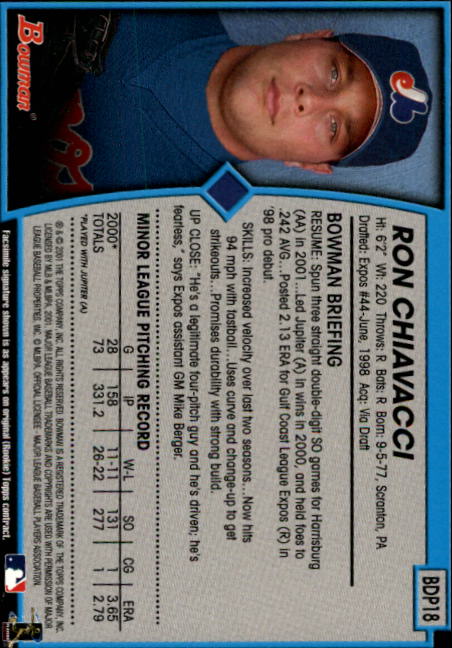 2001 Bowman Draft #BDP18 Ron Chiavacci RC back image