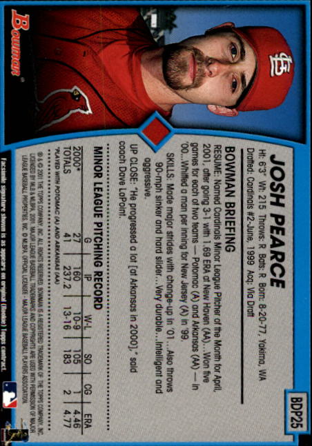 2001 Bowman Draft #BDP25 Josh Pearce RC back image