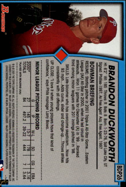2001 Bowman Draft #BDP26 Brandon Duckworth RC back image