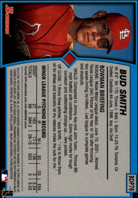 2001 Bowman Draft #BDP78 Bud Smith RC back image