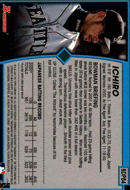 2001 Bowman Draft #BDP84 Ichiro Suzuki RC back image