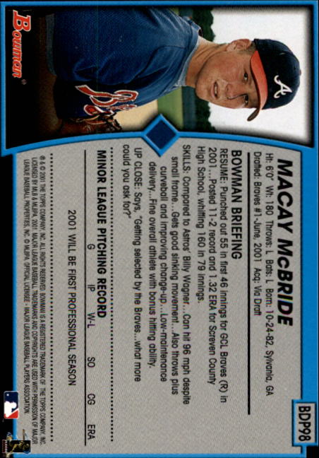 2001 Bowman Draft #BDP98 Macay McBride RC back image