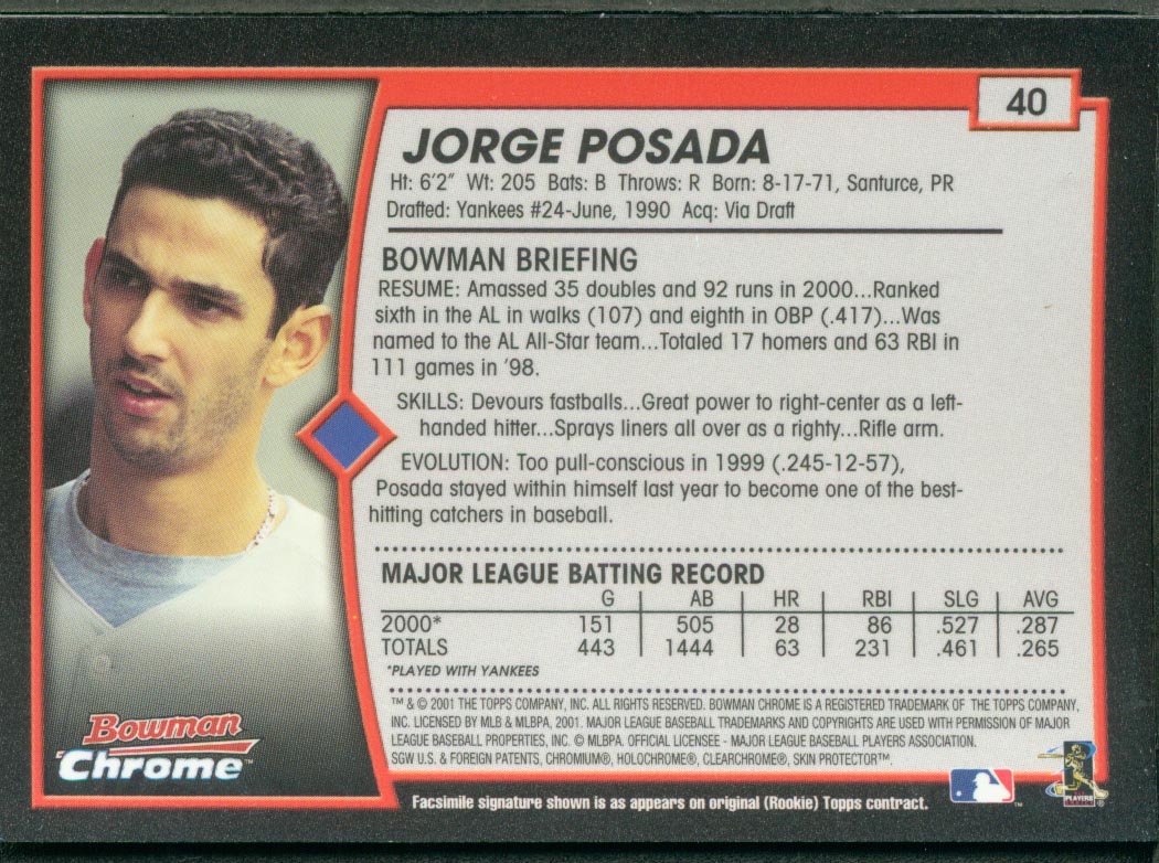 2001 Bowman Chrome #40 Jorge Posada back image