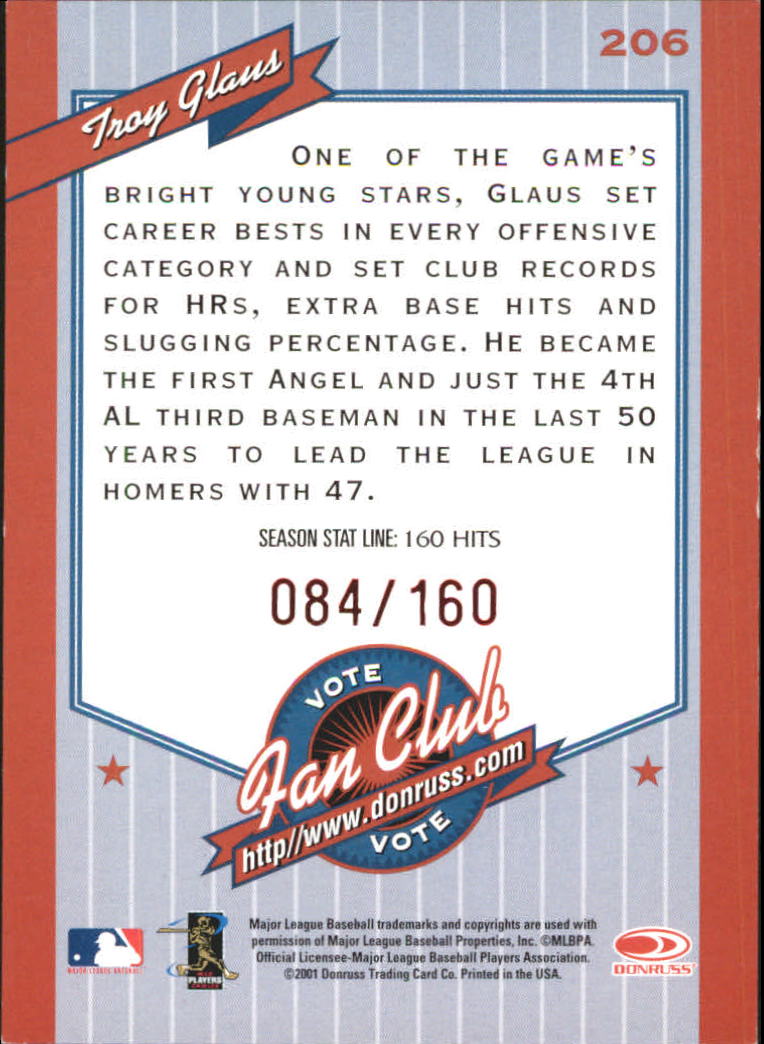 2001 Donruss Stat Line Season #206 Troy Glaus FC/160 back image