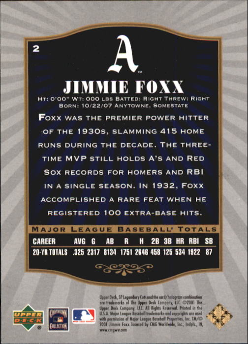 2001 SP Legendary Cuts #2 Jimmie Foxx back image