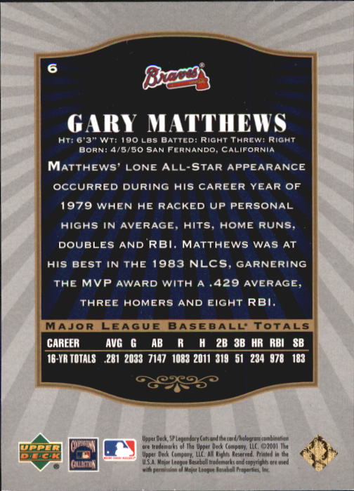 2001 SP Legendary Cuts #6 Gary Matthews back image