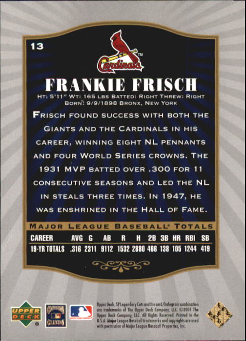 2001 SP Legendary Cuts #13 Frankie Frisch back image