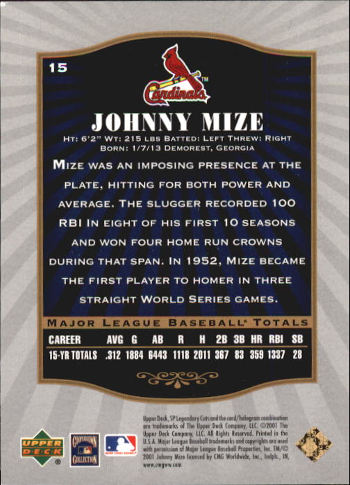 2001 SP Legendary Cuts #15 Johnny Mize back image