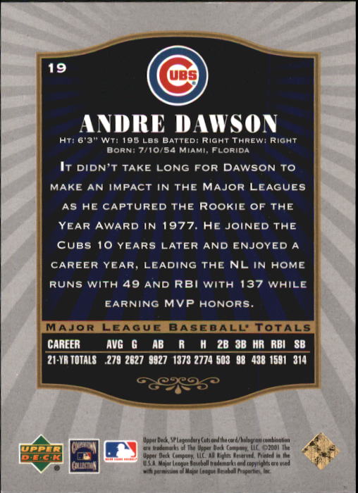 2001 SP Legendary Cuts #19 Andre Dawson back image