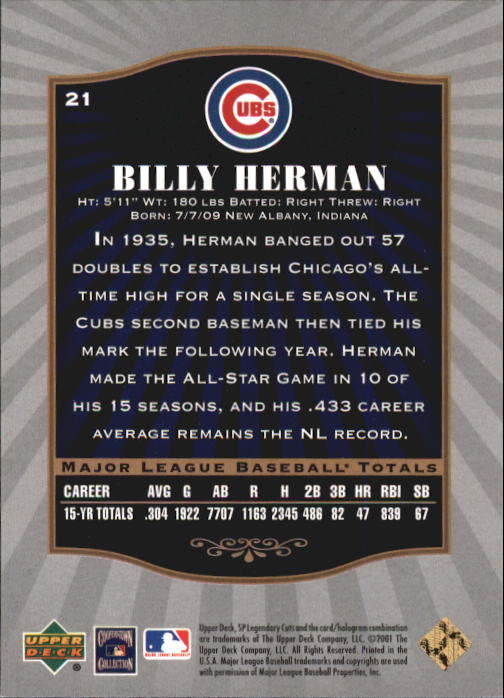 2001 SP Legendary Cuts #21 Billy Herman back image