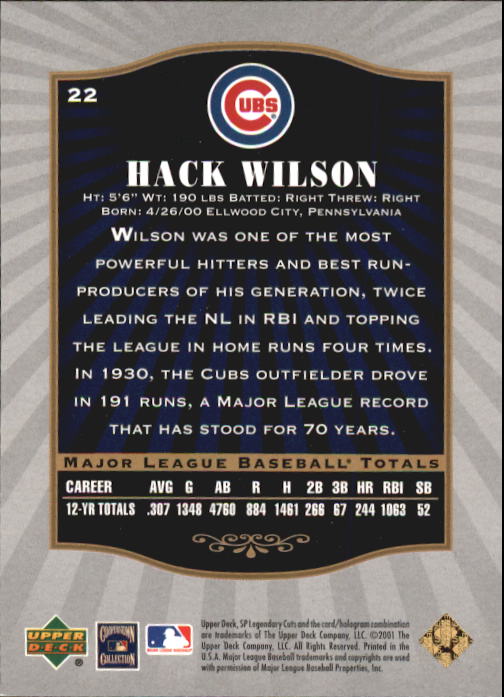 2001 SP Legendary Cuts #22 Hack Wilson back image