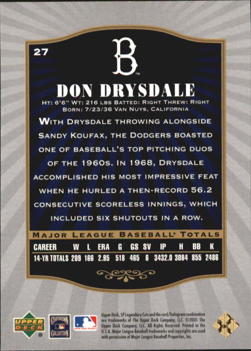 2001 SP Legendary Cuts #27 Don Drysdale back image