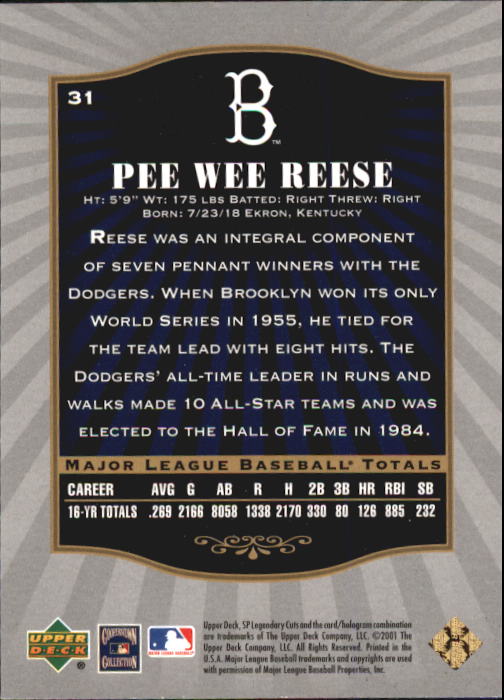 2001 SP Legendary Cuts #31 Pee Wee Reese back image