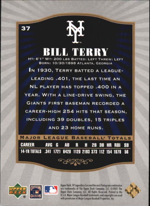 2001 SP Legendary Cuts #37 Bill Terry back image