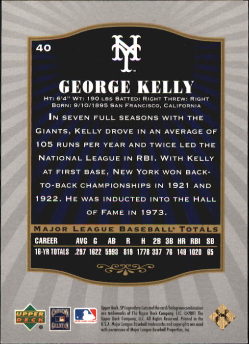2001 SP Legendary Cuts #40 George Kelly back image